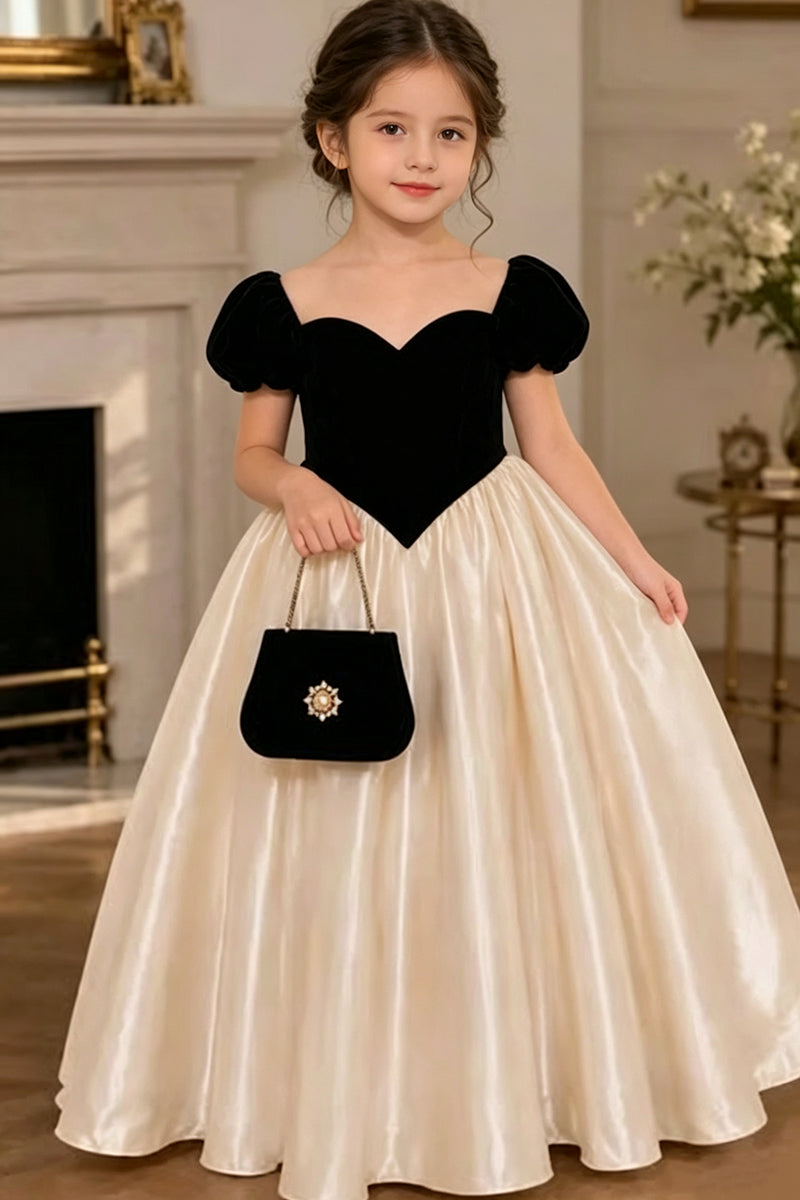 Girls Black‑Champagne Velvet Satin Ball Gown for Weddings with Puff Short Sleeves