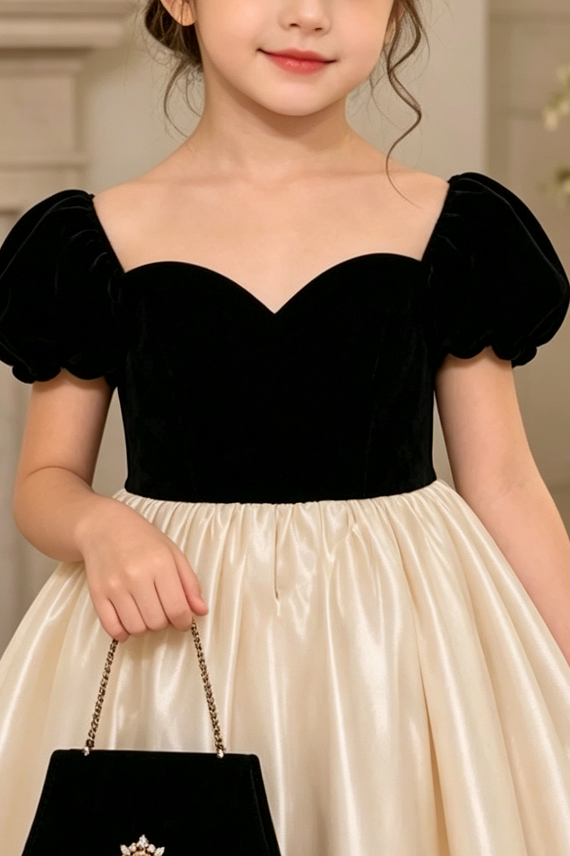 Girls Black‑Champagne Velvet Satin Ball Gown for Weddings with Puff Short Sleeves