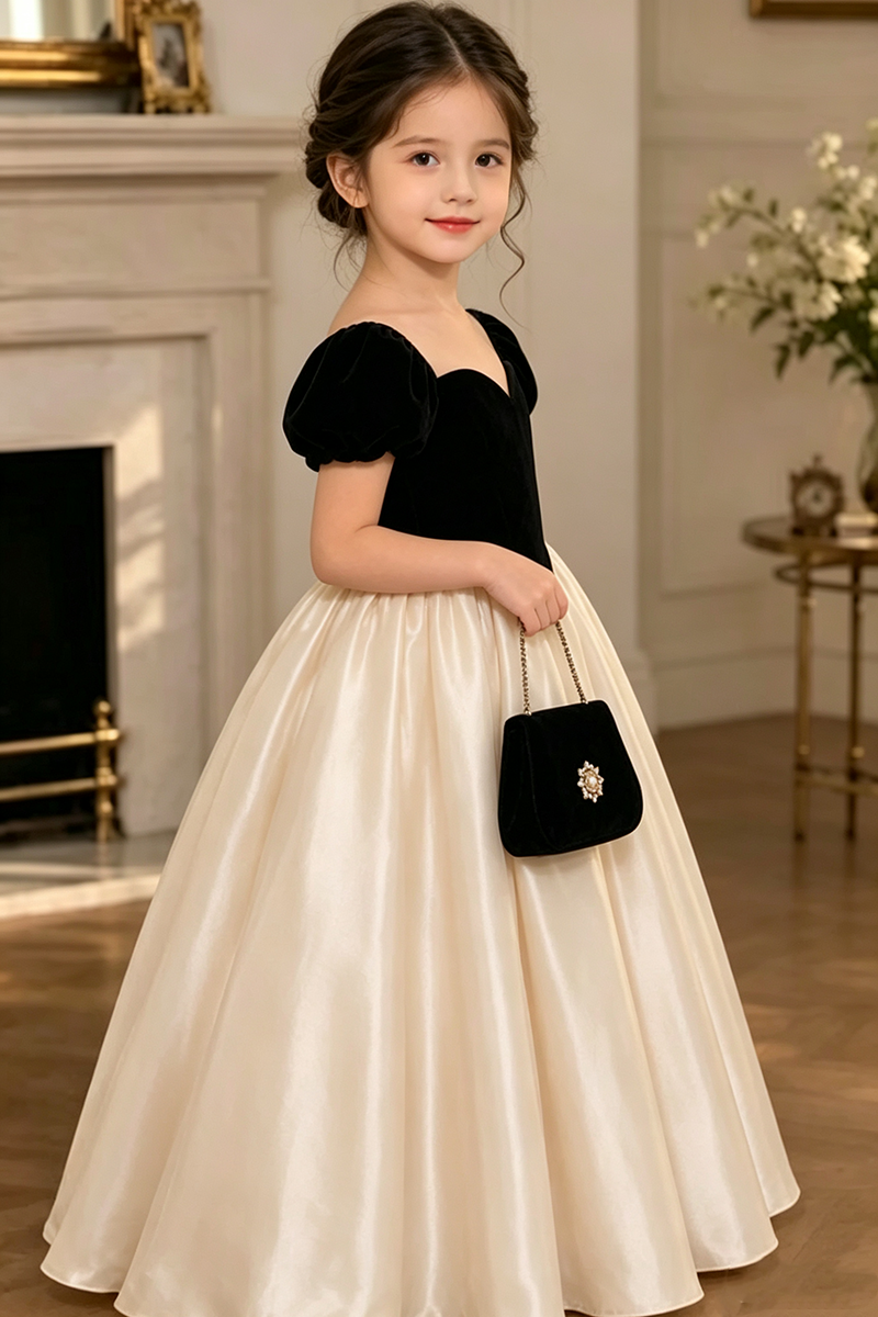 Girls Black‑Champagne Velvet Satin Ball Gown for Weddings with Puff Short Sleeves