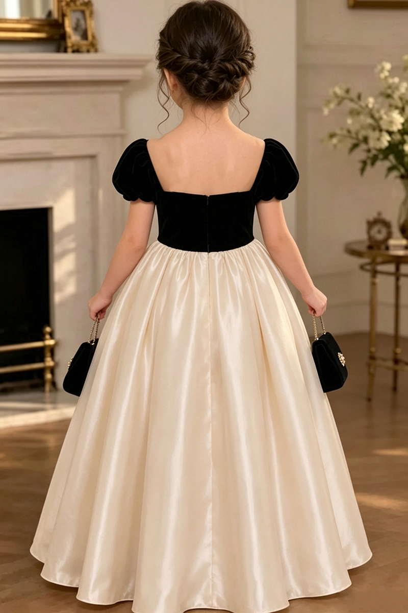Girls Black‑Champagne Velvet Satin Ball Gown for Weddings with Puff Short Sleeves