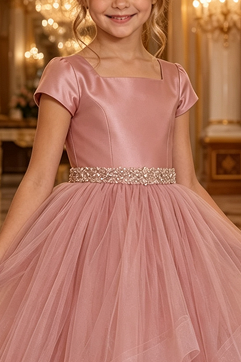 Girls Dusty Rose Satin Tulle Ball Gown for Weddings with Rhinestone Waist Trim