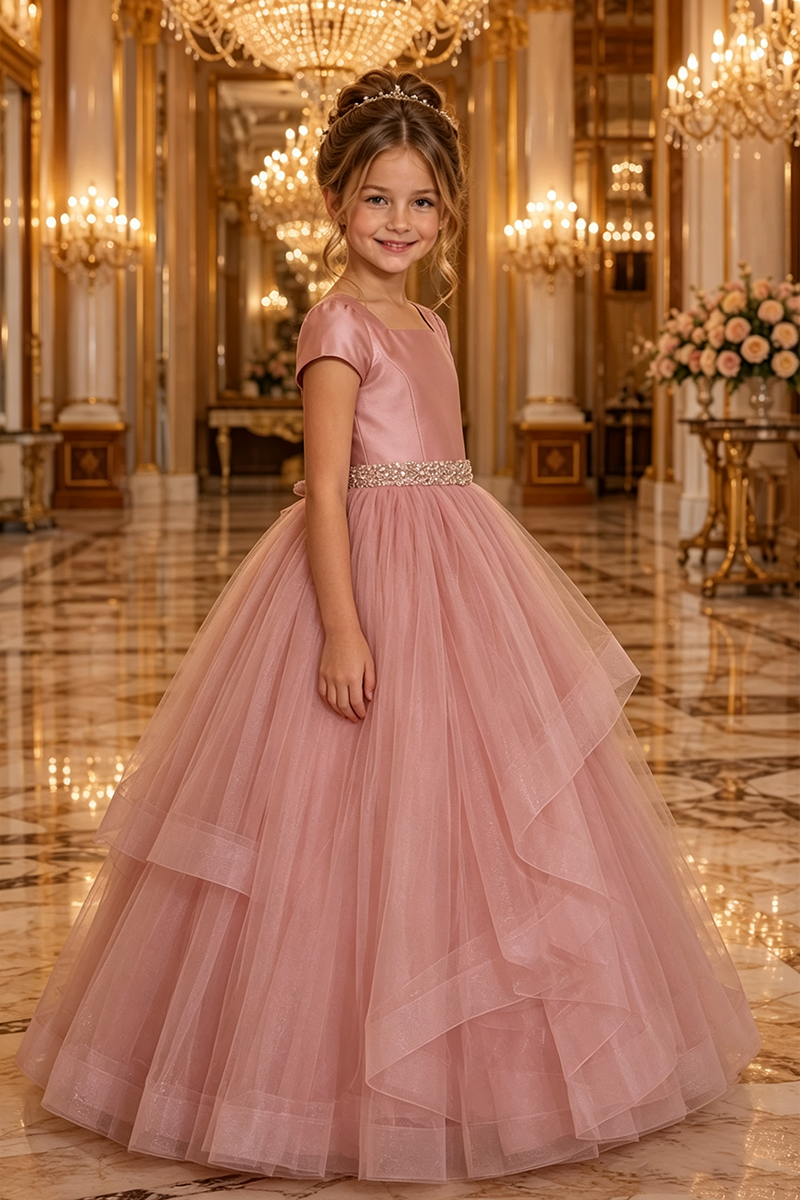 Girls Dusty Rose Satin Tulle Ball Gown for Weddings with Rhinestone Waist Trim
