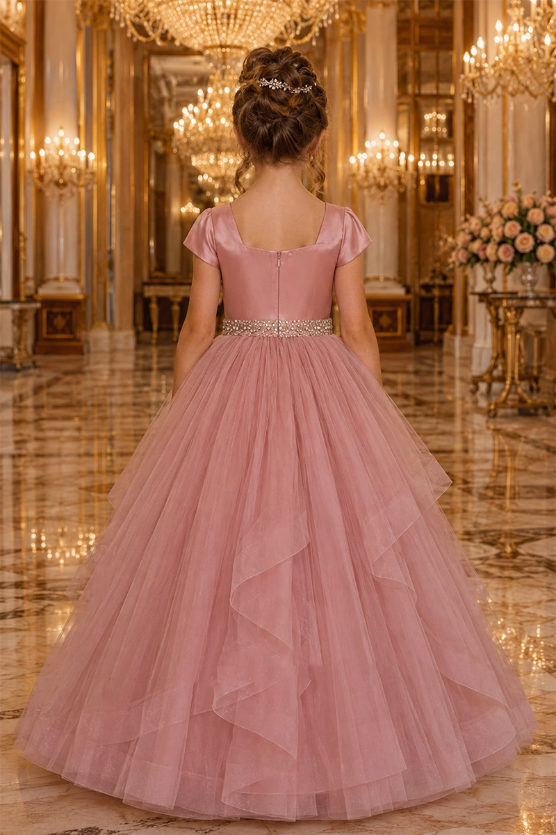 Girls Dusty Rose Satin Tulle Ball Gown for Weddings with Rhinestone Waist Trim
