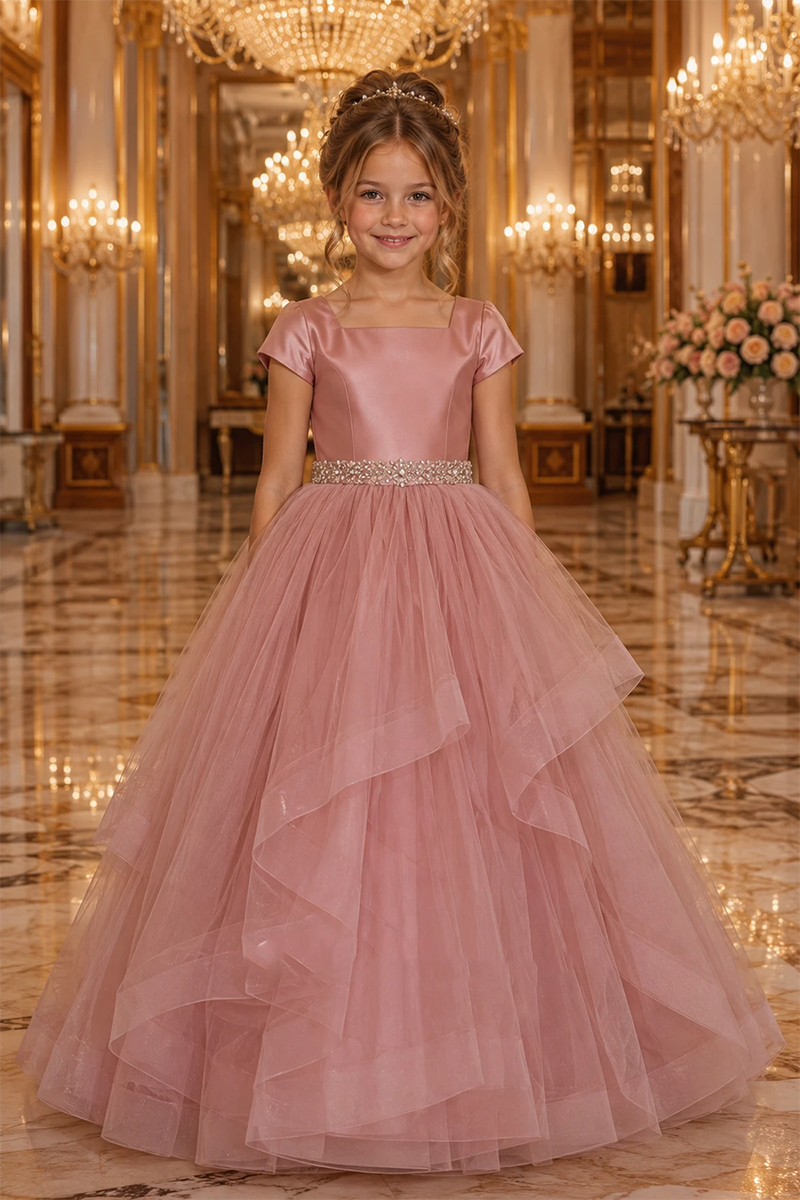Girls Dusty Rose Satin Tulle Ball Gown for Weddings with Rhinestone Waist Trim
