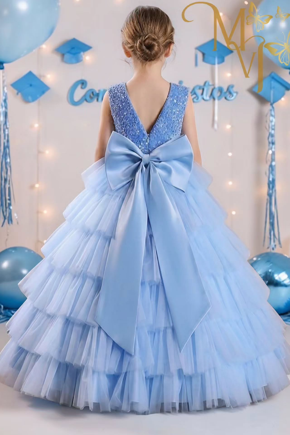 Sky‑Blue Sequin V‑Neck Tulle Cake A‑Line Dress