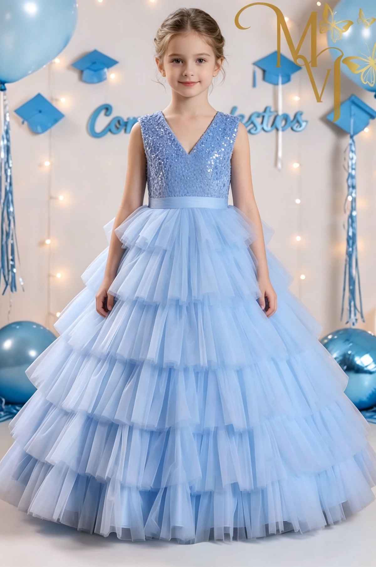 Sky‑Blue Sequin V‑Neck Tulle Cake A‑Line Dress