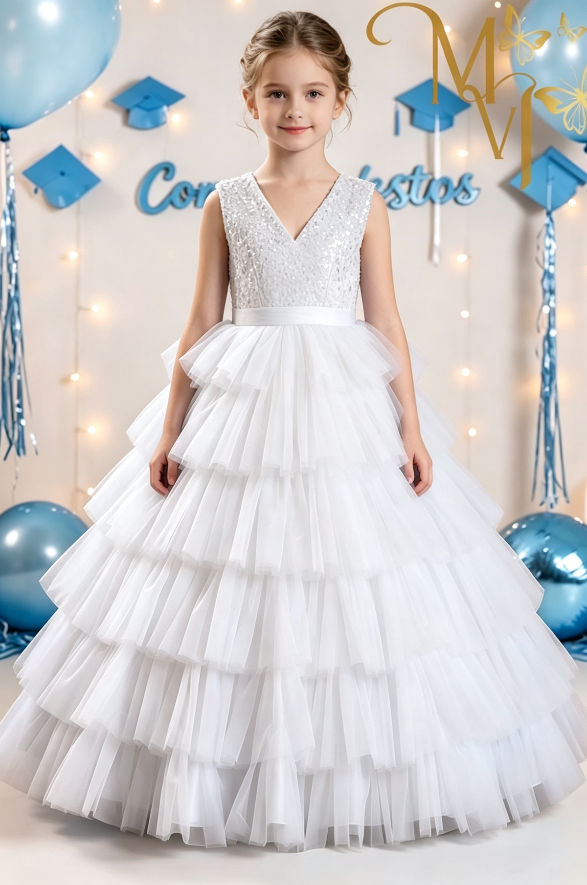 Sky‑Blue Sequin V‑Neck Tulle Cake A‑Line Dress