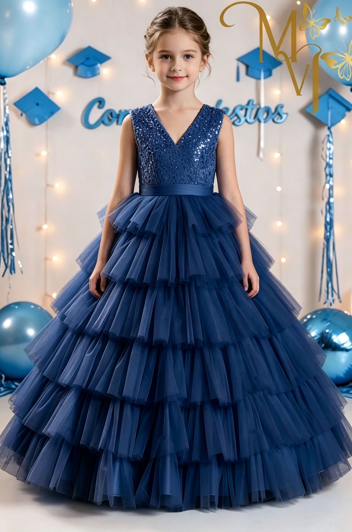 Sky‑Blue Sequin V‑Neck Tulle Cake A‑Line Dress