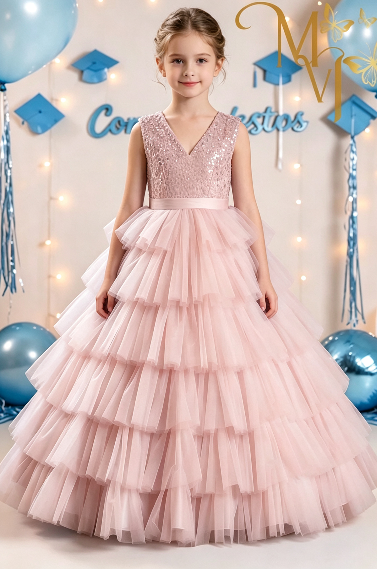 Sky‑Blue Sequin V‑Neck Tulle Cake A‑Line Dress