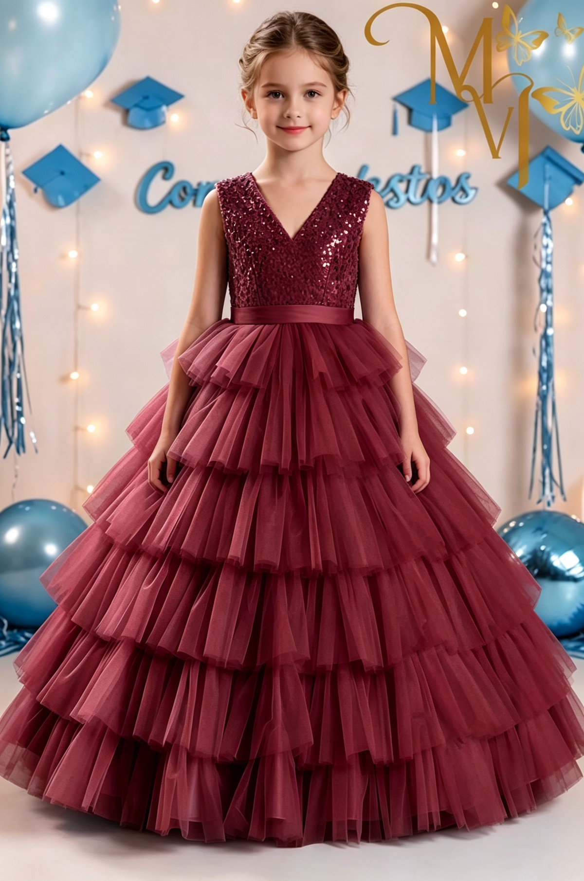 Sky‑Blue Sequin V‑Neck Tulle Cake A‑Line Dress