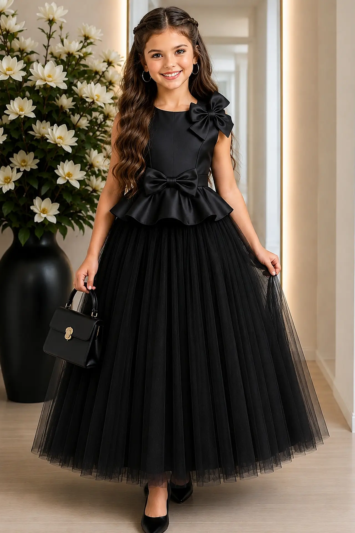 Black Satin 3D Bow Tulle A‑Line Formal Dress