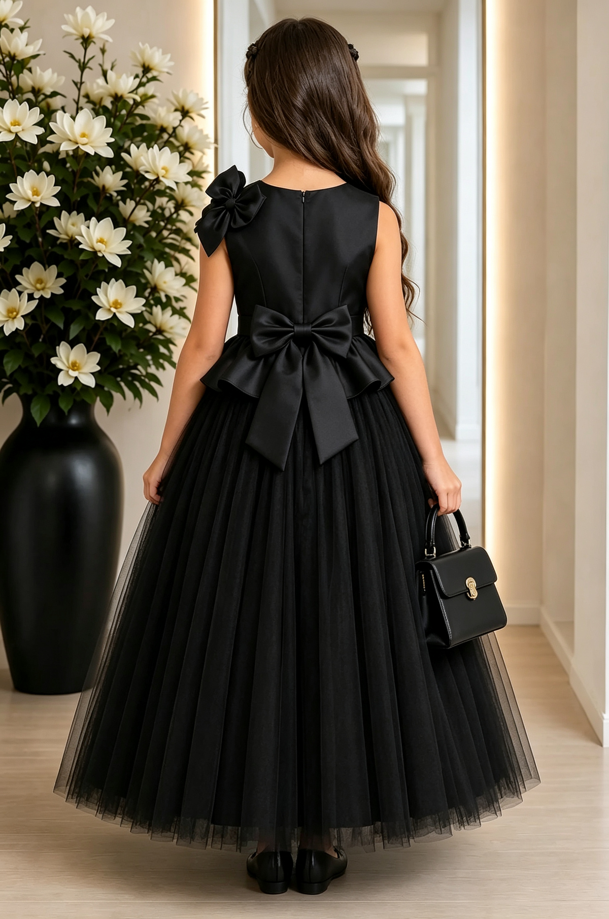 Black Satin 3D Bow Tulle A‑Line Formal Dress
