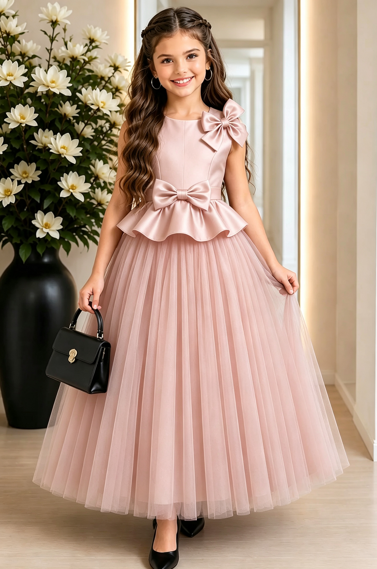 Black Satin 3D Bow Tulle A‑Line Formal Dress