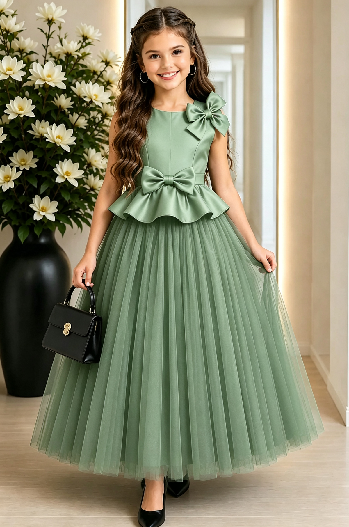 Black Satin 3D Bow Tulle A‑Line Formal Dress