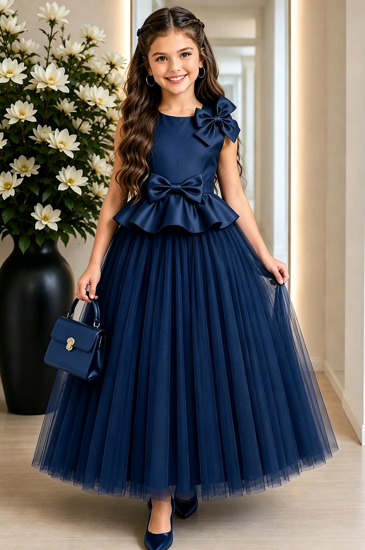 Black Satin 3D Bow Tulle A‑Line Formal Dress