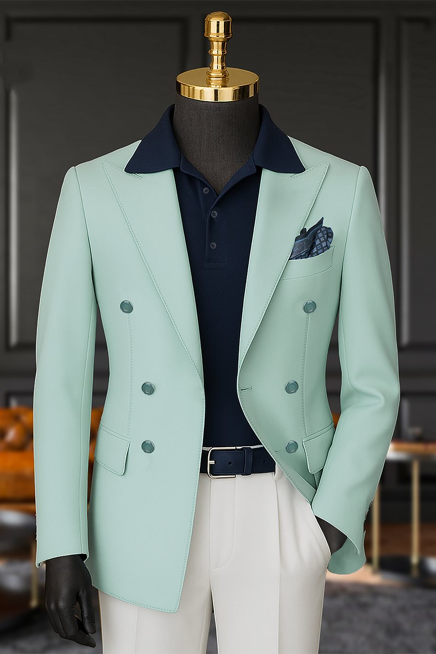 Mint‑Green & White Double‑Breasted Blend 2‑Piece Suit Set