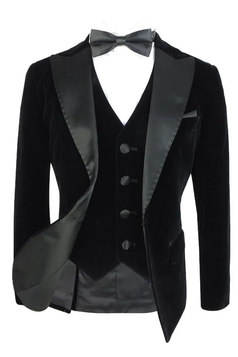 Black Velvet Single‑Breasted Satin Lapel 3‑Piece Suit Set