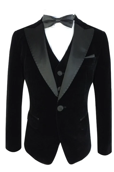 Black Velvet Single‑Breasted Satin Lapel 3‑Piece Suit Set