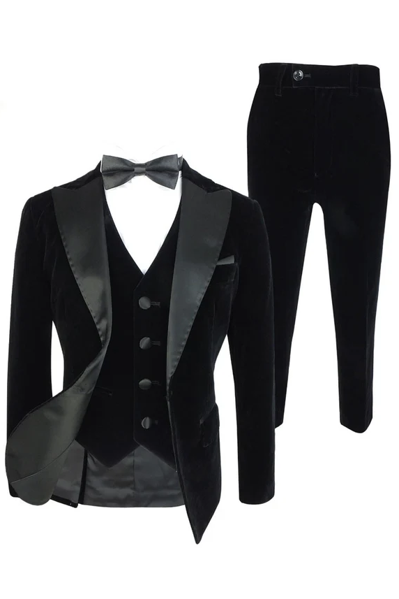 Black Velvet Single‑Breasted Satin Lapel 3‑Piece Suit Set