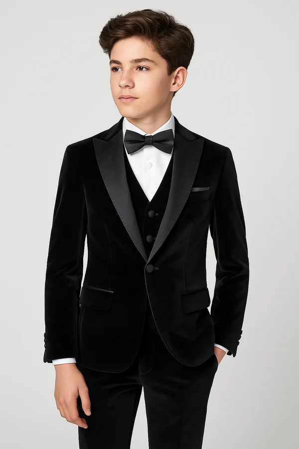 Black Velvet Single‑Breasted Satin Lapel 3‑Piece Suit Set