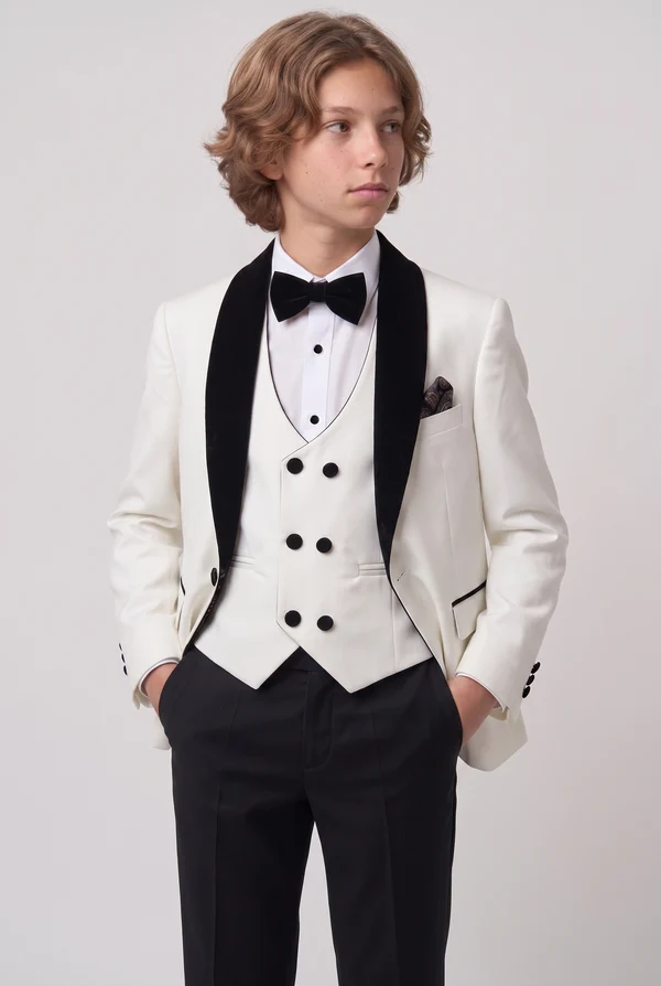 White & Black Contrast Velvet Lapel Single‑Breasted 3‑Piece Suit Set
