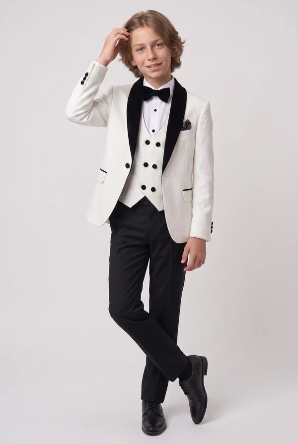 White & Black Contrast Velvet Lapel Single‑Breasted 3‑Piece Suit Set