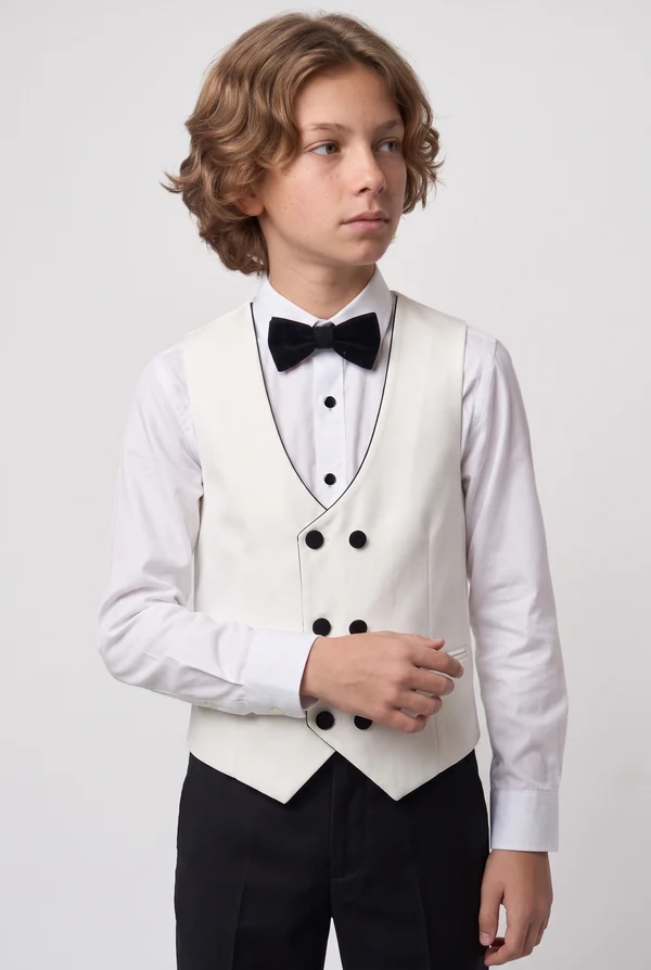 White & Black Contrast Velvet Lapel Single‑Breasted 3‑Piece Suit Set