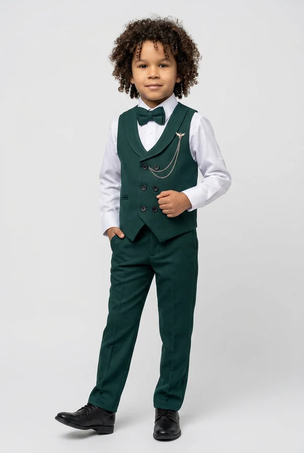 Deep Green Shawl Lapel Double‑Breasted 2‑Piece Waistcoat Suit Set