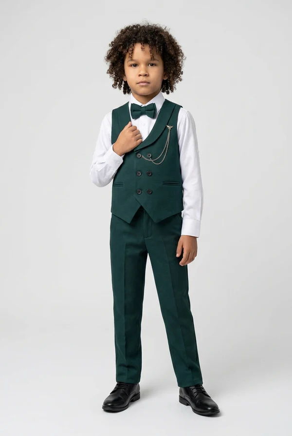 Deep Green Shawl Lapel Double‑Breasted 2‑Piece Waistcoat Suit Set