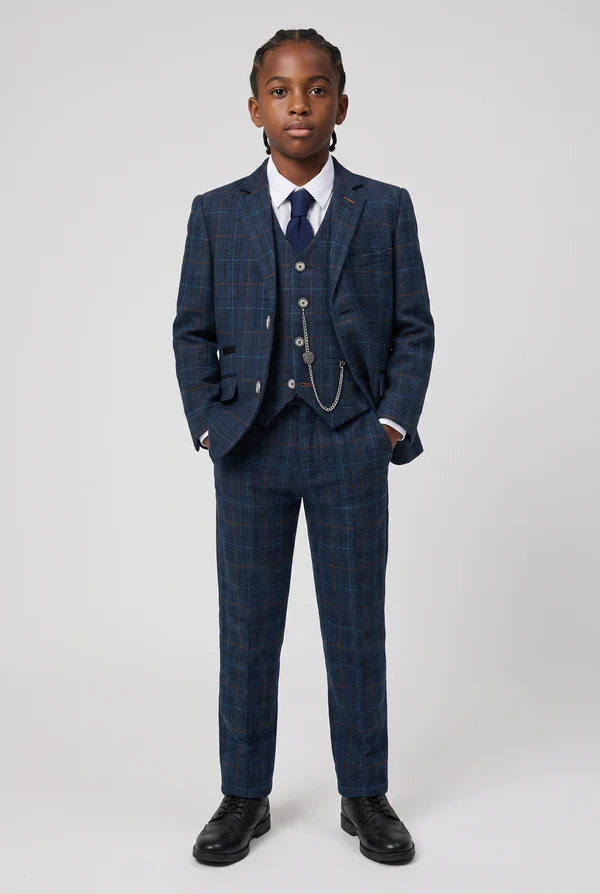 Navy Plaid Single‑Breasted Blend 3‑Piece Suit Set