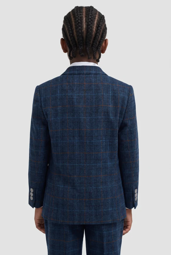 Navy Plaid Single‑Breasted Blend 3‑Piece Suit Set