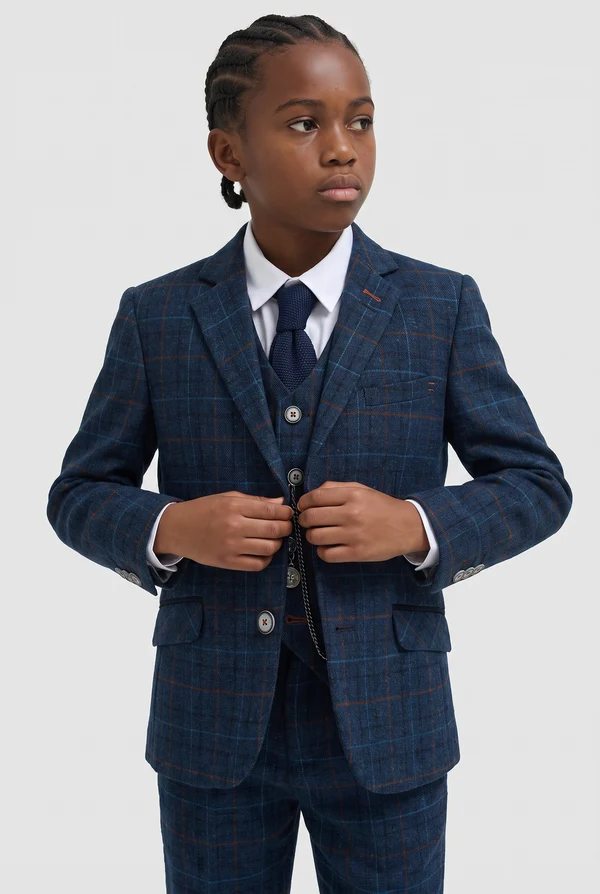 Navy Plaid Single‑Breasted Blend 3‑Piece Suit Set
