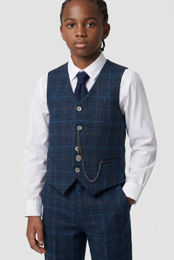 Navy Plaid Single‑Breasted Blend 3‑Piece Suit Set