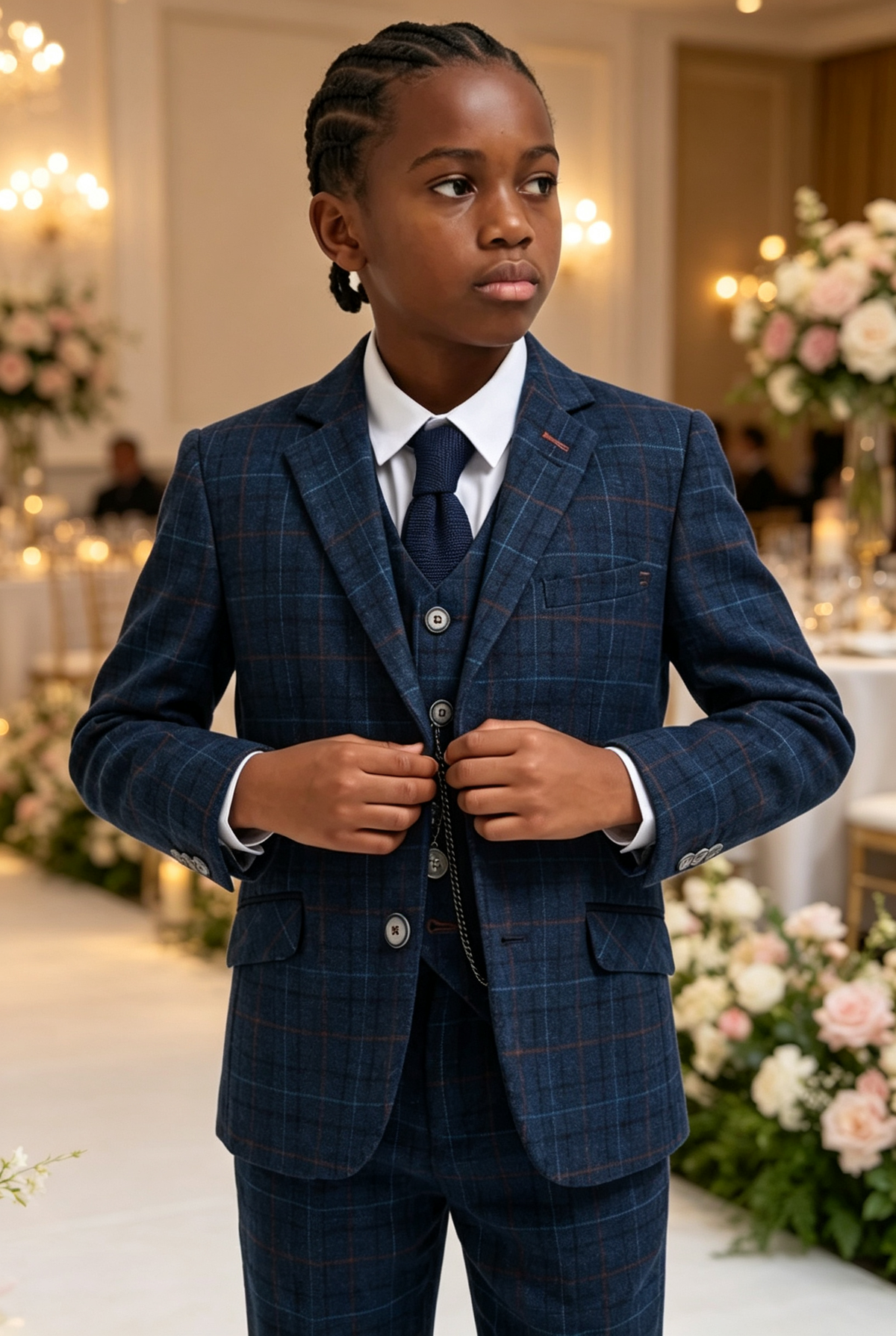 Navy Plaid Single‑Breasted Blend 3‑Piece Suit Set