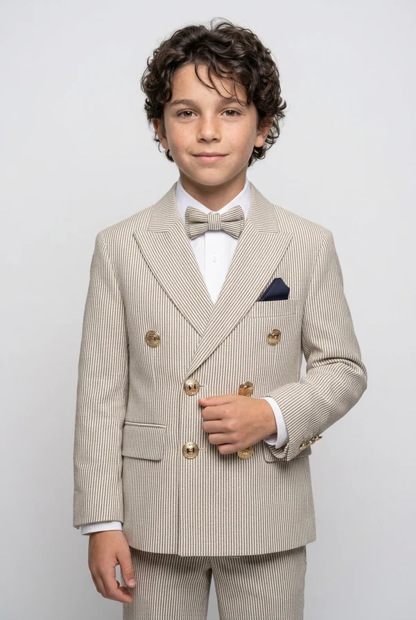 Beige Pin‑Stripe Double‑Breasted Gold‑Button 2‑Piece Suit Set