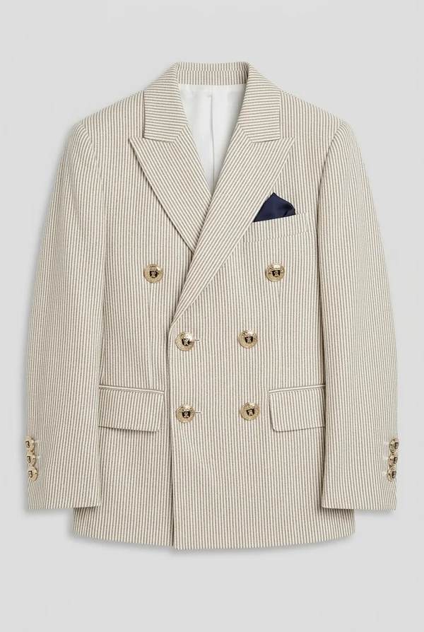 Beige Pin‑Stripe Double‑Breasted Gold‑Button 2‑Piece Suit Set