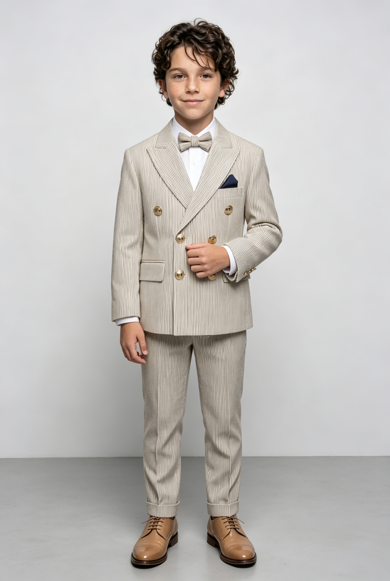 Beige Pin‑Stripe Double‑Breasted Gold‑Button 2‑Piece Suit Set
