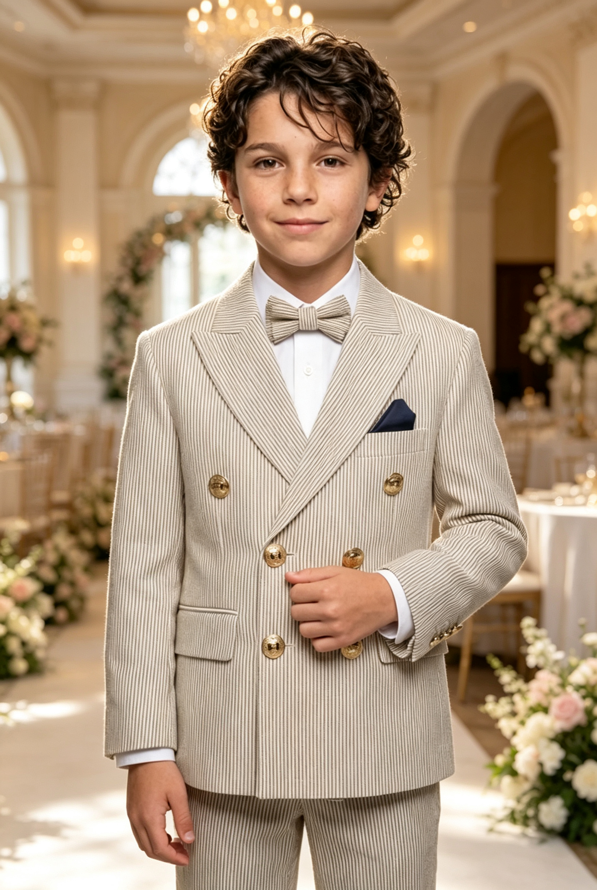 Beige Pin‑Stripe Double‑Breasted Gold‑Button 2‑Piece Suit Set