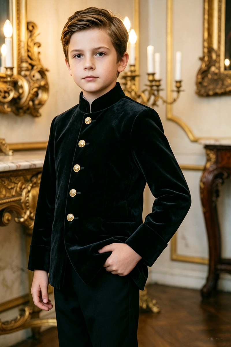 Boys Black Velvet with Mandarin Collar 2‑Piece Suit for Weddings
