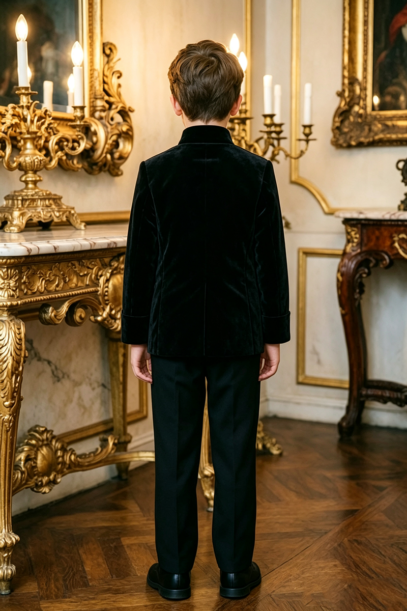 Boys Black Velvet with Mandarin Collar 2‑Piece Suit for Weddings