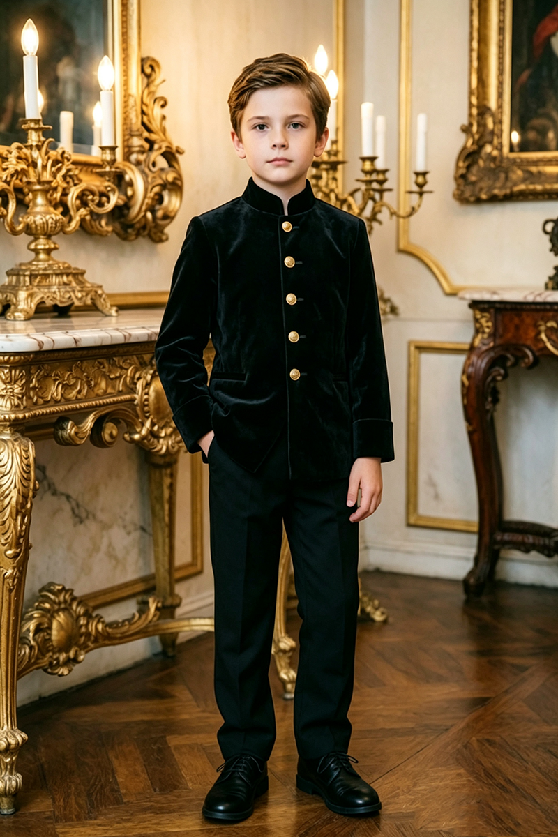 Boys Black Velvet with Mandarin Collar 2‑Piece Suit for Weddings