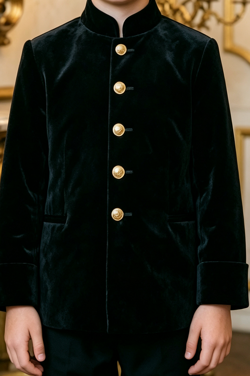 Boys Black Velvet with Mandarin Collar 2‑Piece Suit for Weddings