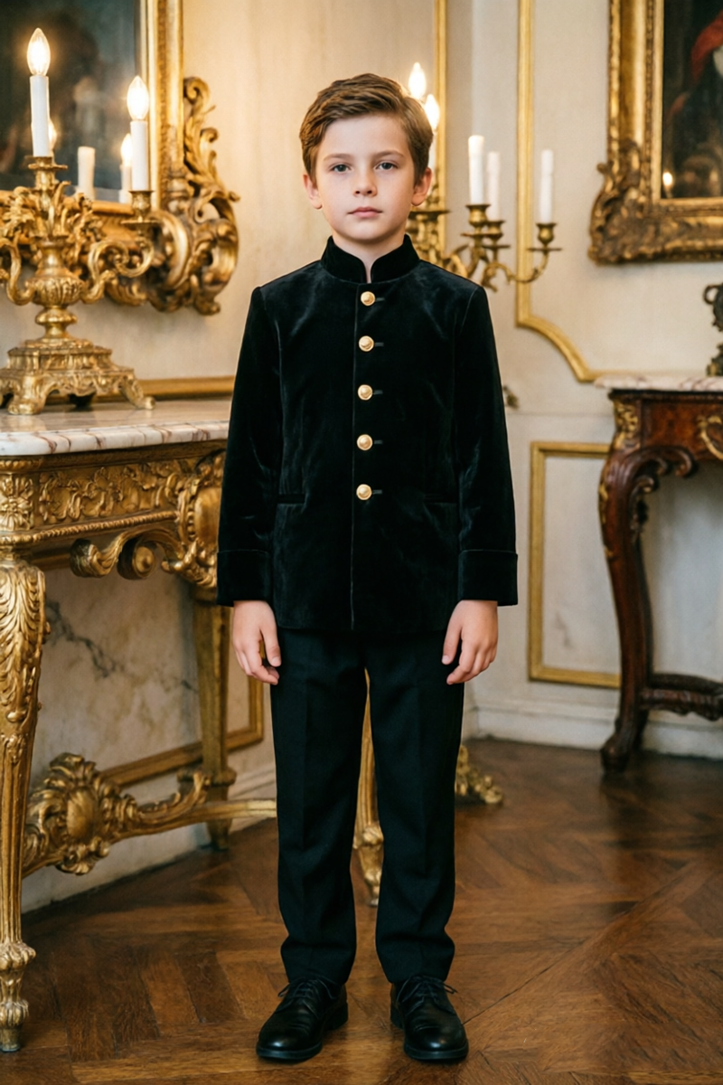 Boys Black Velvet with Mandarin Collar 2‑Piece Suit for Weddings