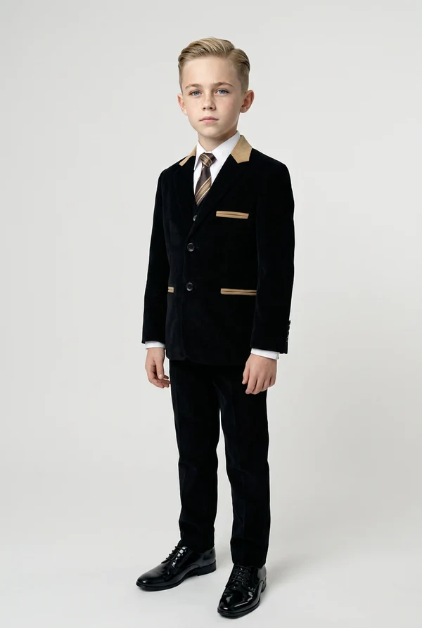 Black & Khaki Velvet Contrast Single‑Breasted 2‑Piece Suit Set