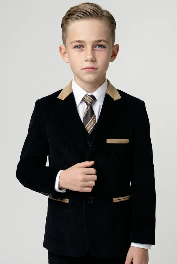 Black & Khaki Velvet Contrast Single‑Breasted 2‑Piece Suit Set