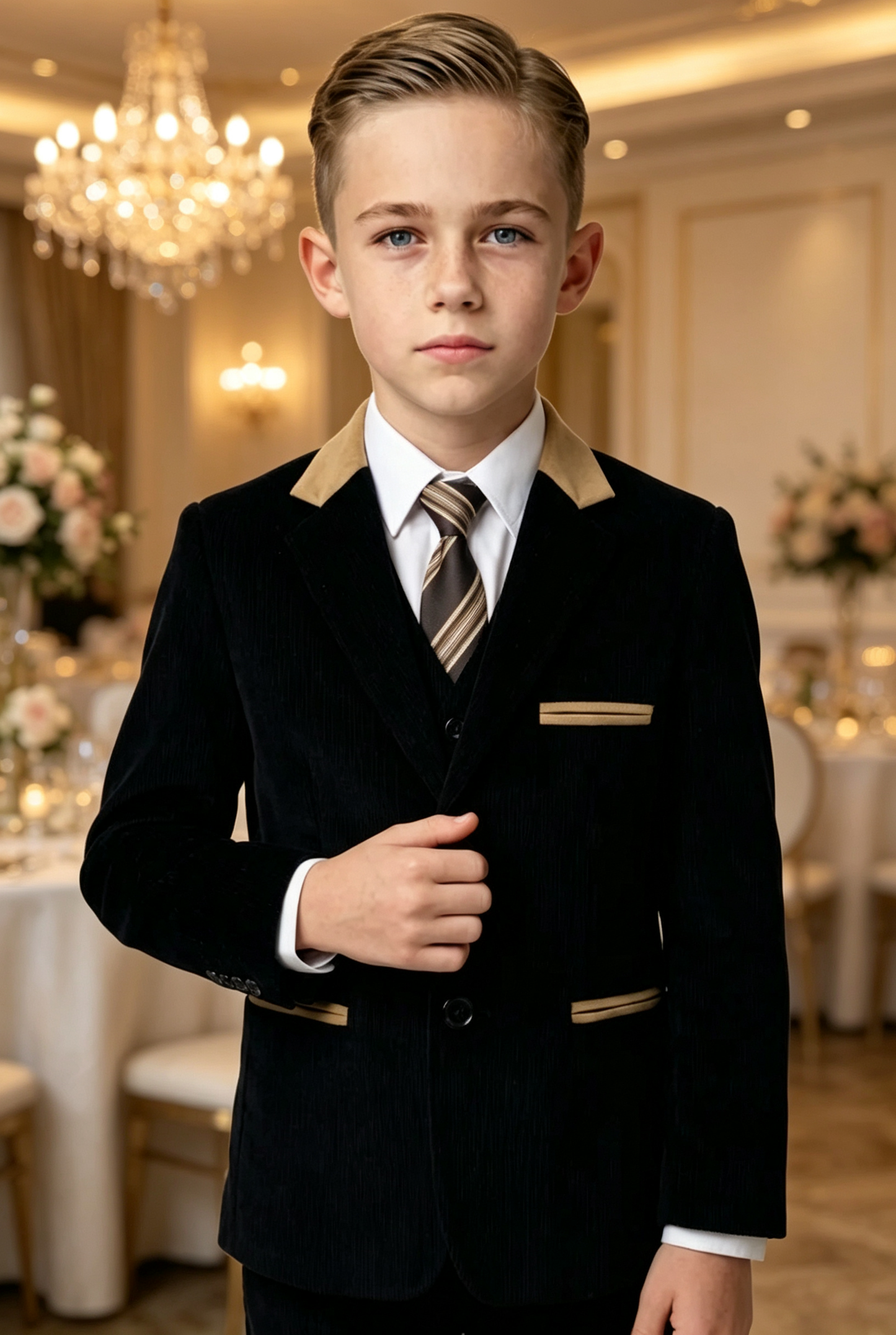 Black & Khaki Velvet Contrast Single‑Breasted 2‑Piece Suit Set