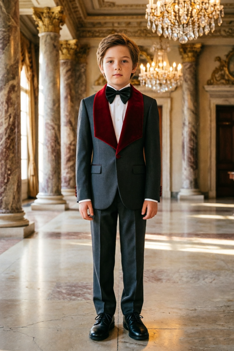 Boys Dark Grey Tuxedo with Burgundy Velvet Shawl Collar 2‑Piece Suit for Weddings