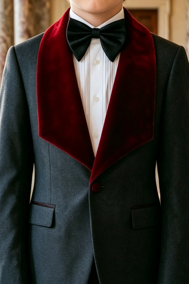 Boys Dark Grey Tuxedo with Burgundy Velvet Shawl Collar 2‑Piece Suit for Weddings