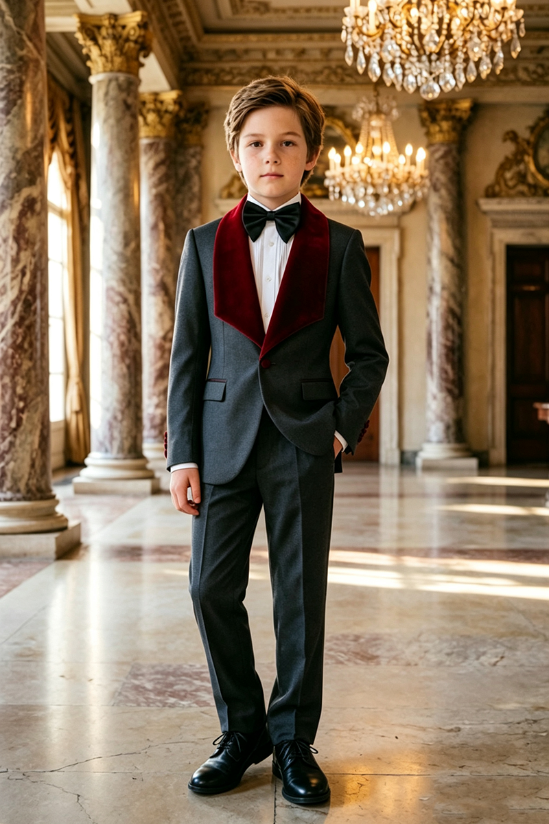 Boys Dark Grey Tuxedo with Burgundy Velvet Shawl Collar 2‑Piece Suit for Weddings