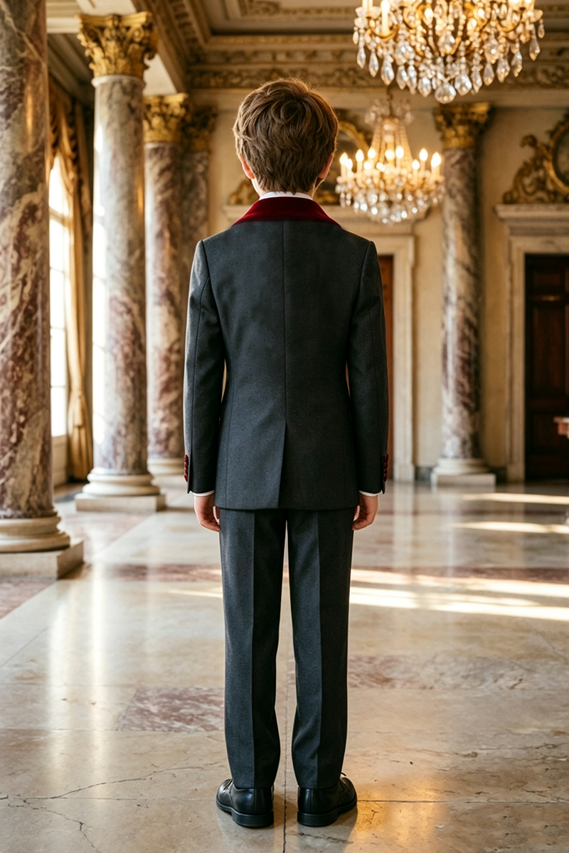Boys Dark Grey Tuxedo with Burgundy Velvet Shawl Collar 2‑Piece Suit for Weddings